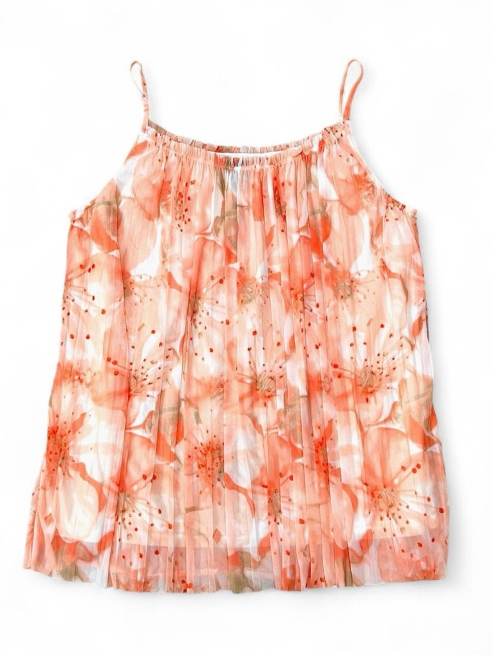 Floral Pleated Spaghetti Strap Tank - Coral Peach